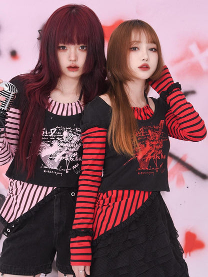 Evil Tooth Striped Patchwork Faux Two Piece Punk Print Women&