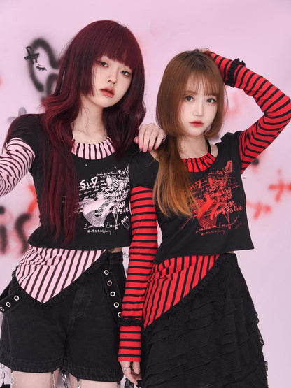 Evil Tooth Striped Patchwork Faux Two Piece Punk Print Women&
