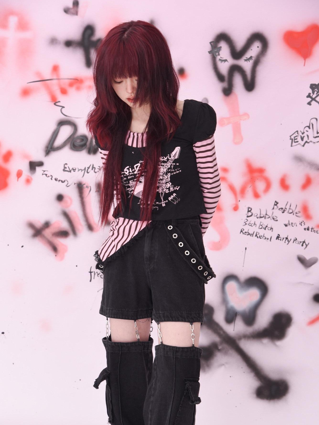 Evil Tooth Striped Patchwork Faux Two Piece Punk Print Women&