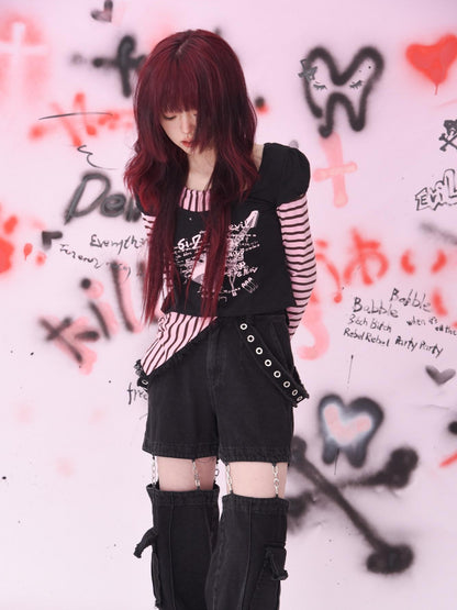 Evil Tooth Striped Patchwork Faux Two Piece Punk Print Women&