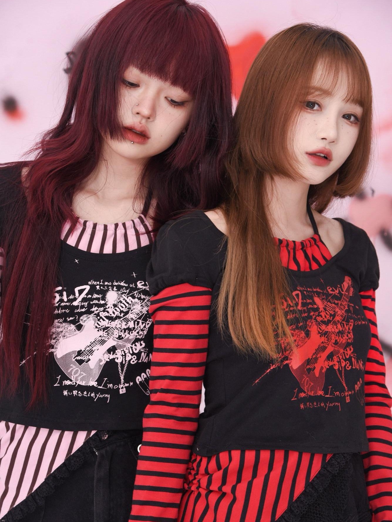 Evil Tooth Striped Patchwork Faux Two Piece Punk Print Women&