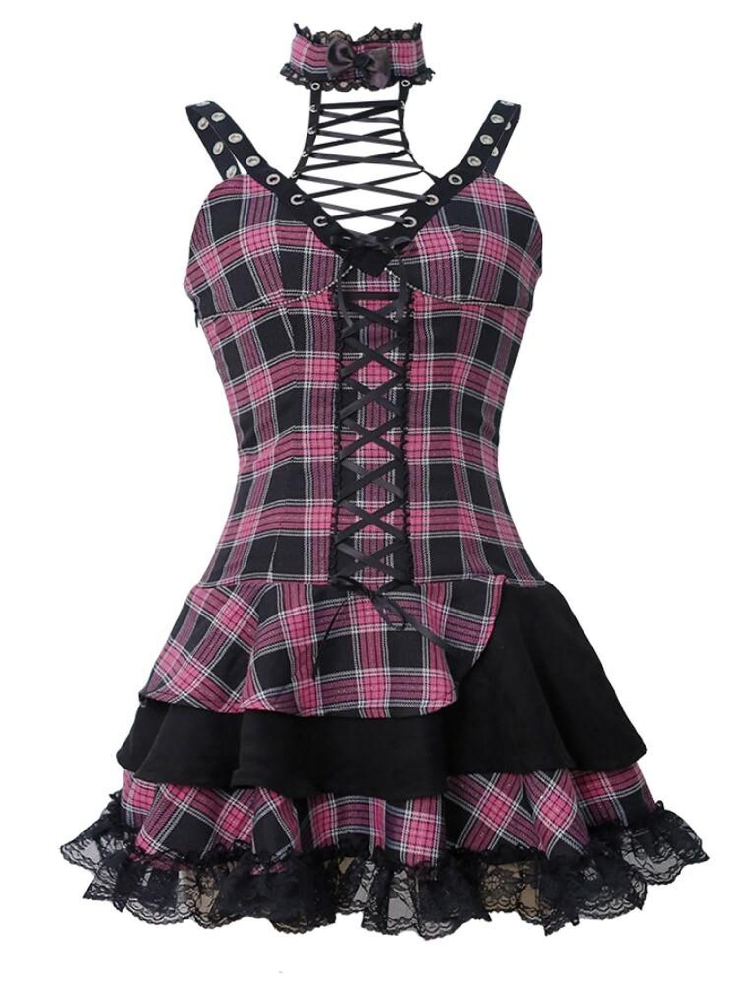 Evil Tooth Tiered Lolita Punk Band Spaghetti Strap Women&