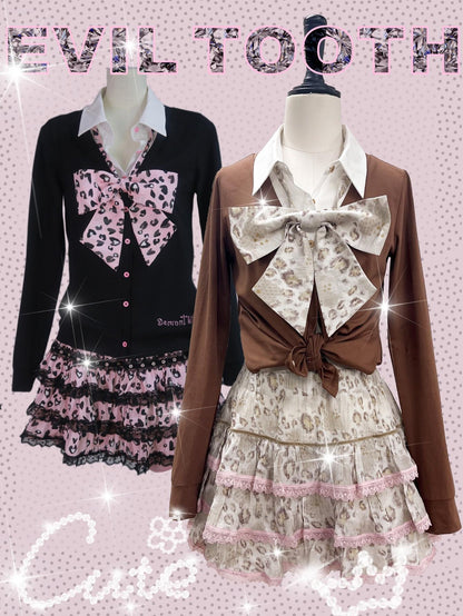 Evil Tooth Two Tone Pink Leopard Lace Pleated Bow Women&