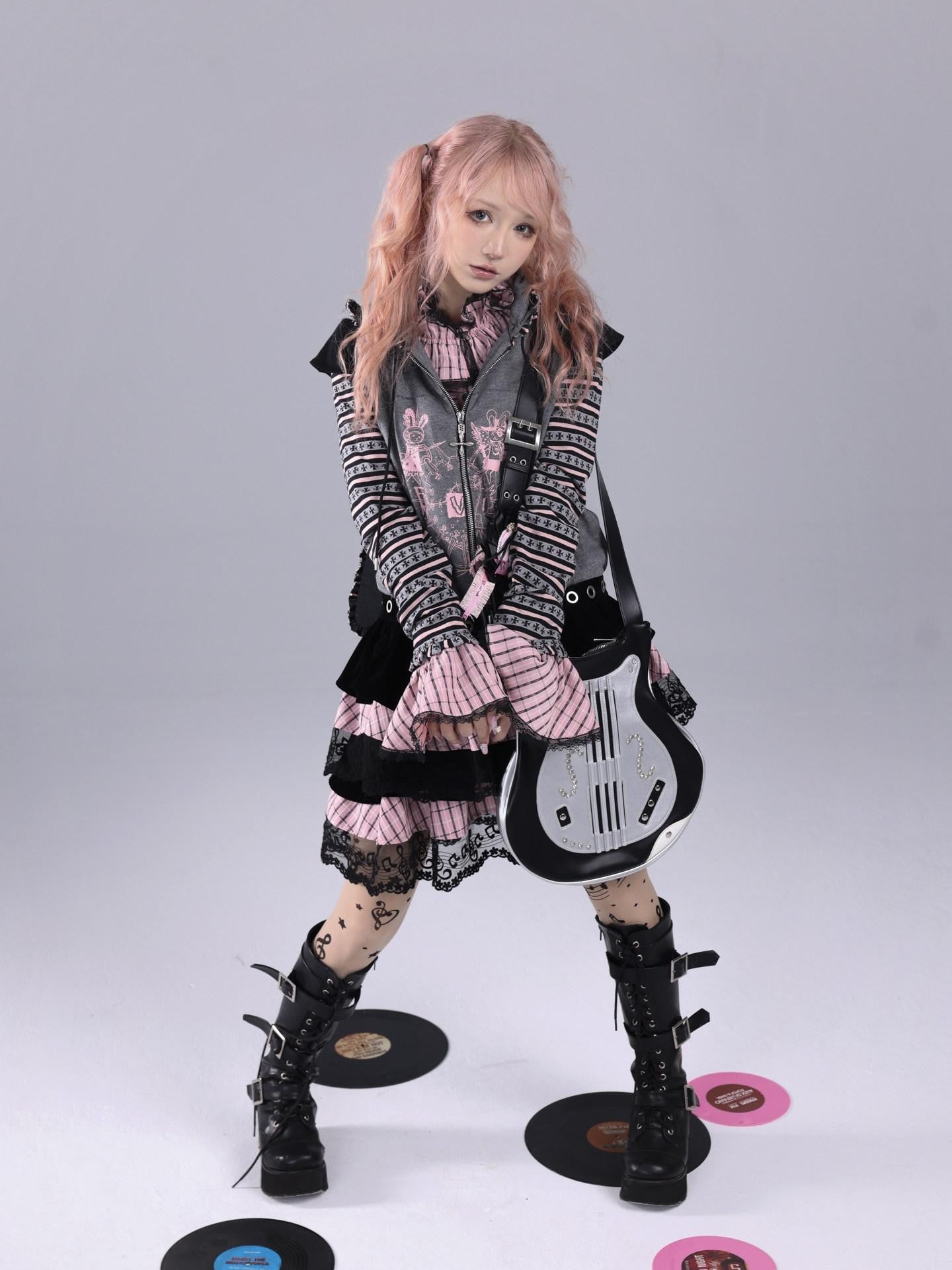Evil Tooth Velvet Striped Music Note Patchwork Women&