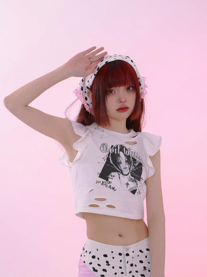 Evil Tooth White Punk Girl Print Slim Fit Distressed Round Neck Women&