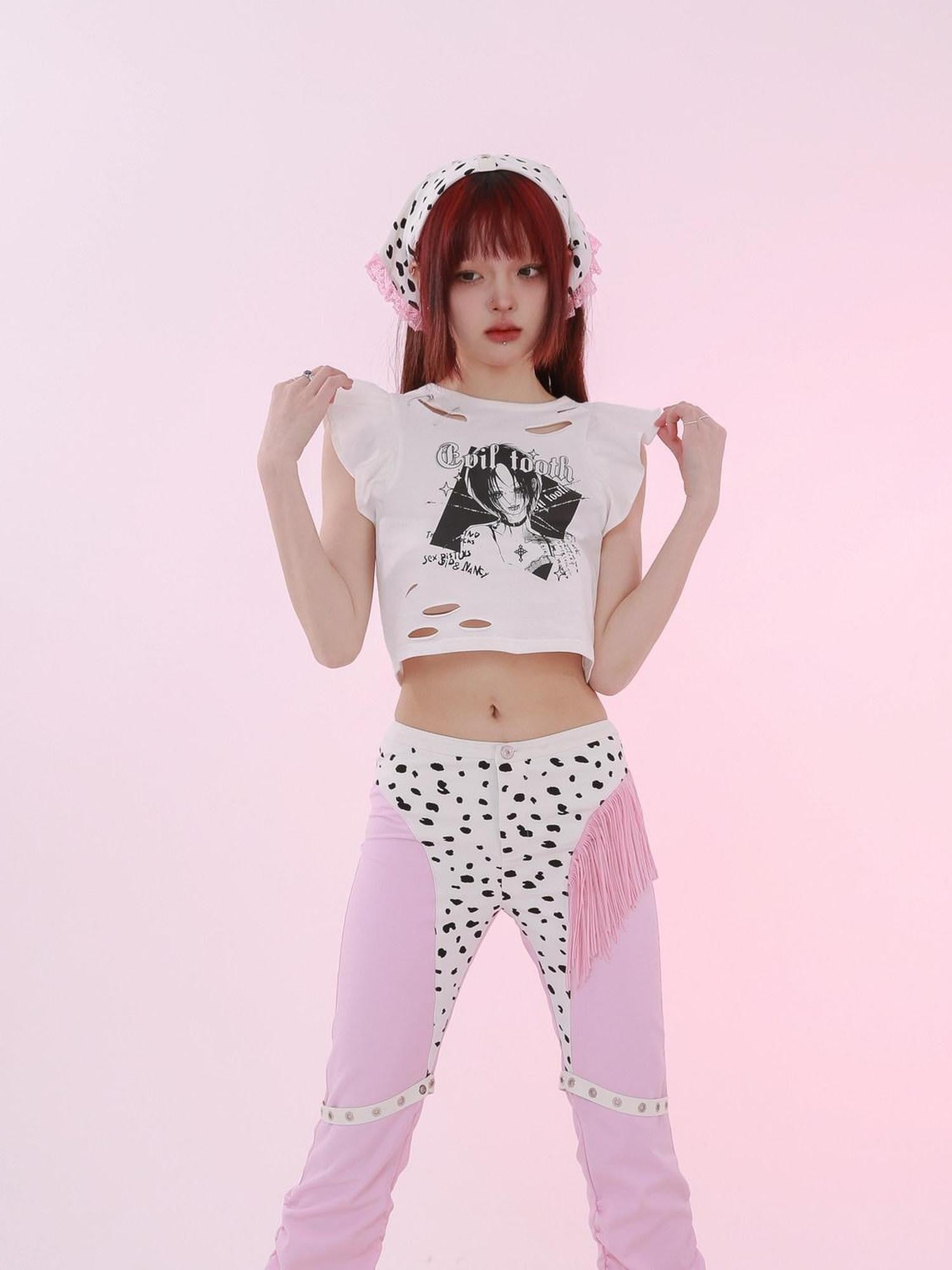 Evil Tooth White Punk Girl Print Slim Fit Distressed Round Neck Women&
