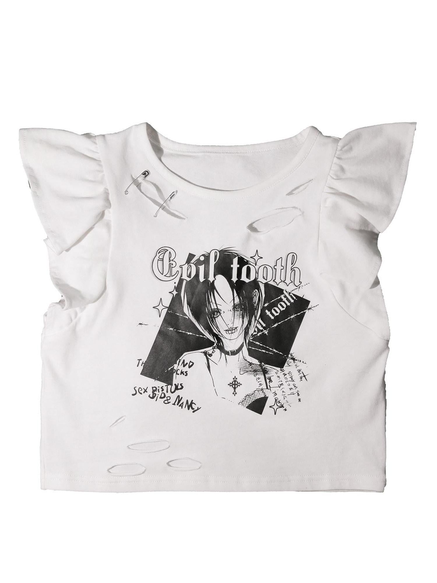 Evil Tooth White Punk Girl Print Slim Fit Distressed Round Neck Women&