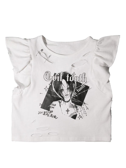 Evil Tooth White Punk Girl Print Slim Fit Distressed Round Neck Women&