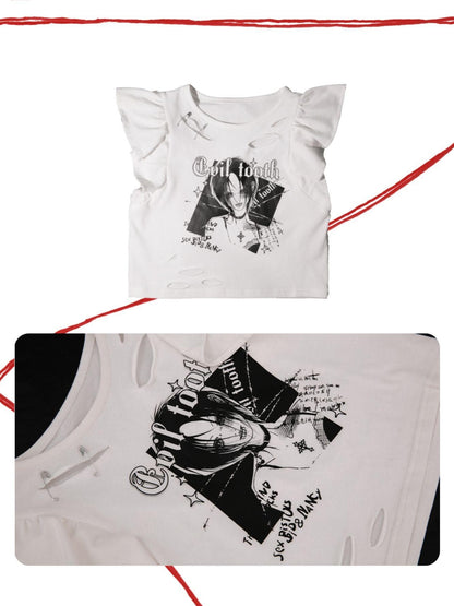Evil Tooth White Punk Girl Print Slim Fit Distressed Round Neck Women&