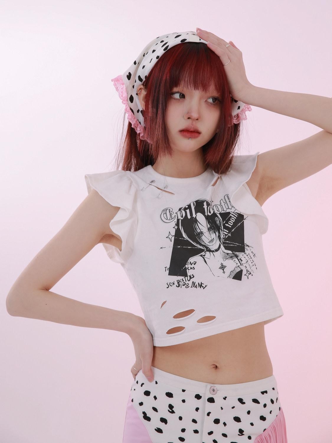 Evil Tooth White Punk Girl Print Slim Fit Distressed Round Neck Women&