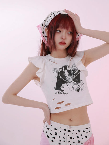 Evil Tooth White Punk Girl Print Slim Fit Distressed Round Neck Women&