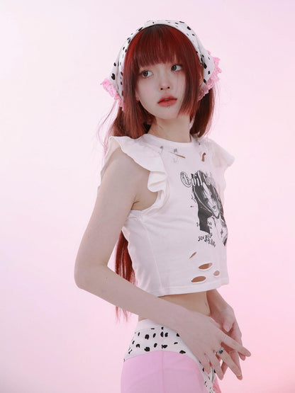 Evil Tooth White Punk Girl Print Slim Fit Distressed Round Neck Women&
