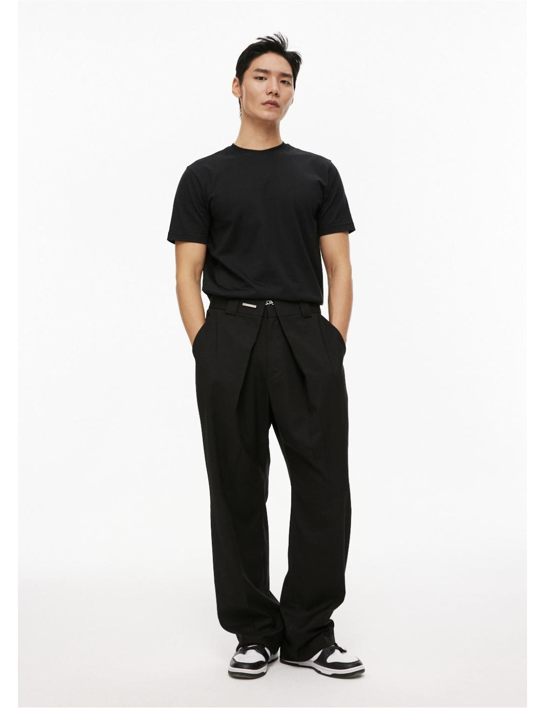 Extended Placket Folded Wide-Leg Trousers