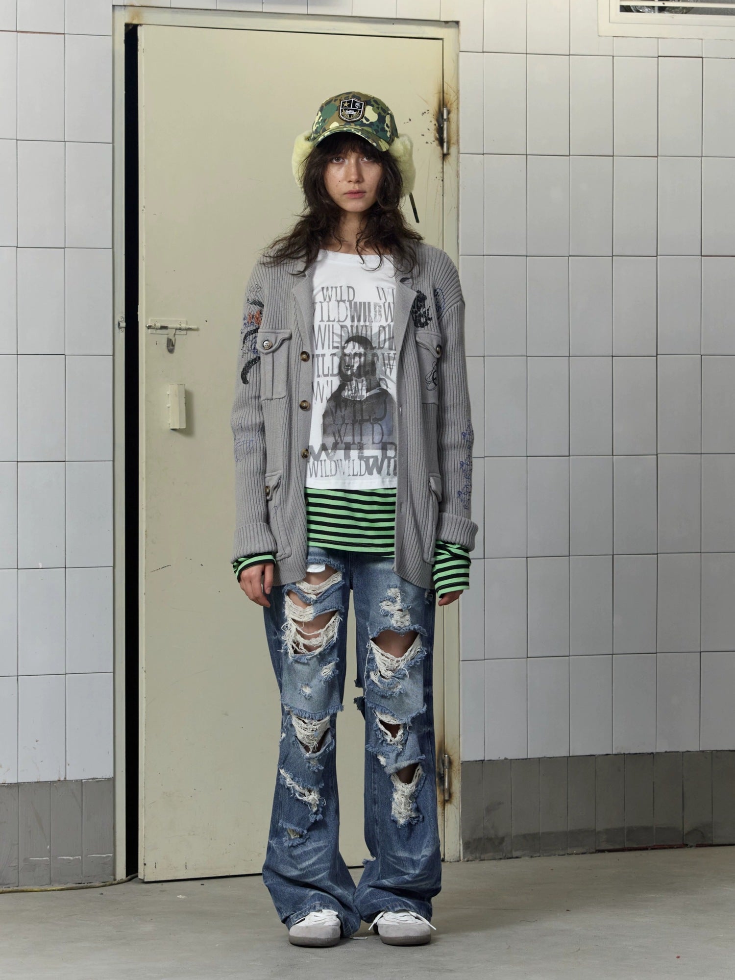 FULLTIDE 100% Cotton Breathable Deconstructed Loose Straight Unisex Striped Print T-Shirt