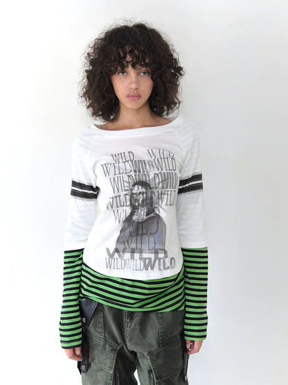 FULLTIDE 100% Cotton Breathable Deconstructed Loose Straight Unisex Striped Print T-Shirt