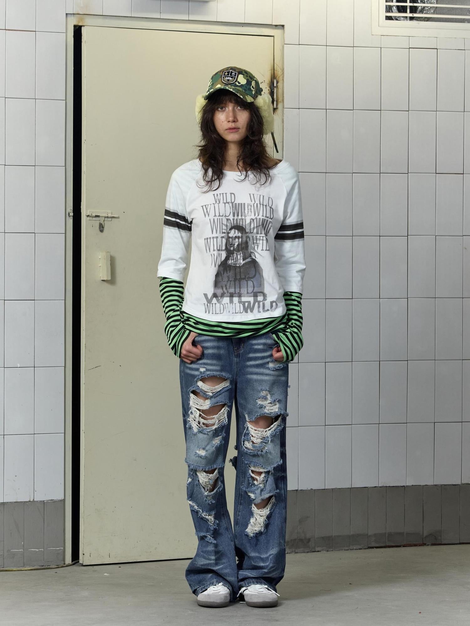 FULLTIDE 100% Cotton Breathable Deconstructed Loose Straight Unisex Striped Print T-Shirt