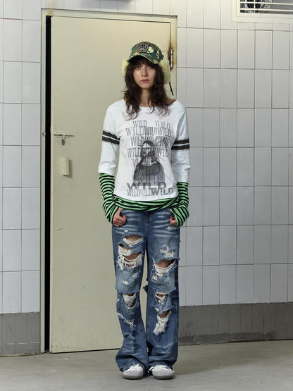 FULLTIDE 100% Cotton Breathable Deconstructed Loose Straight Unisex Striped Print T-Shirt