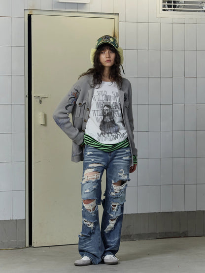 FULLTIDE 100% Cotton Breathable Deconstructed Loose Straight Unisex Striped Print T-Shirt