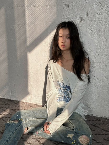 FULLTIDE 100% Cotton Casual Crew Neck Long Sleeve Regular Fit Women Off White T-Shirt