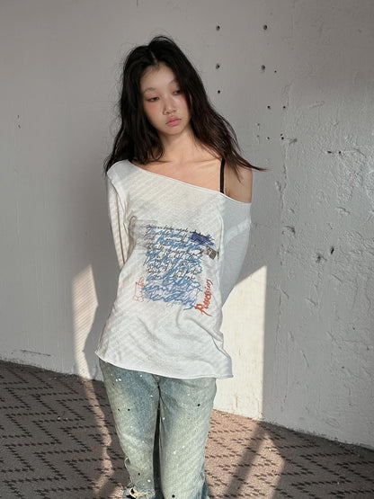 FULLTIDE 100% Cotton Casual Crew Neck Long Sleeve Regular Fit Women Off White T-Shirt