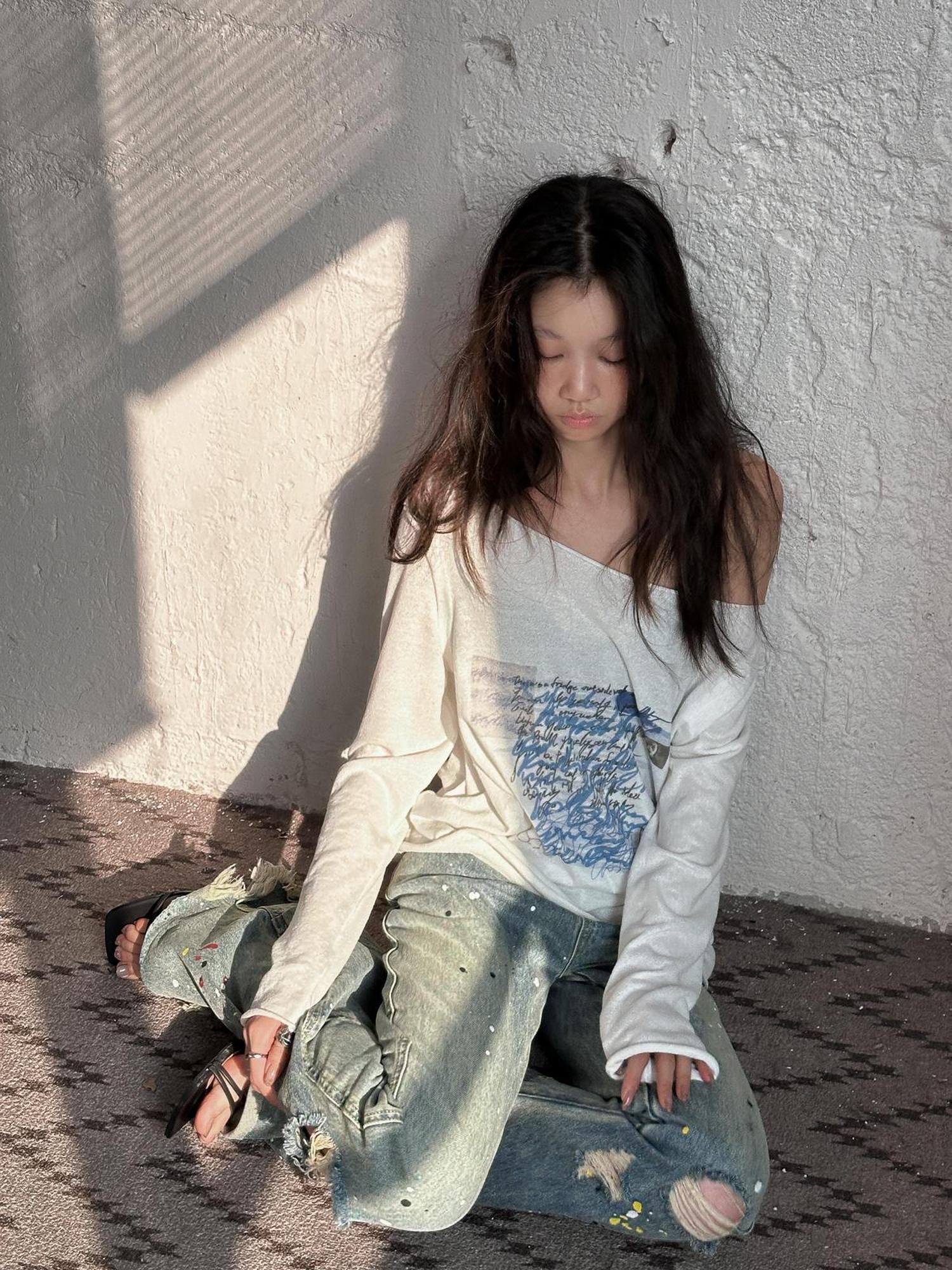 FULLTIDE 100% Cotton Casual Crew Neck Long Sleeve Regular Fit Women Off White T-Shirt