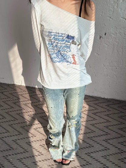 FULLTIDE 100% Cotton Casual Crew Neck Long Sleeve Regular Fit Women Off White T-Shirt