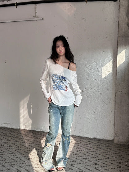 FULLTIDE 100% Cotton Casual Crew Neck Long Sleeve Regular Fit Women Off White T-Shirt