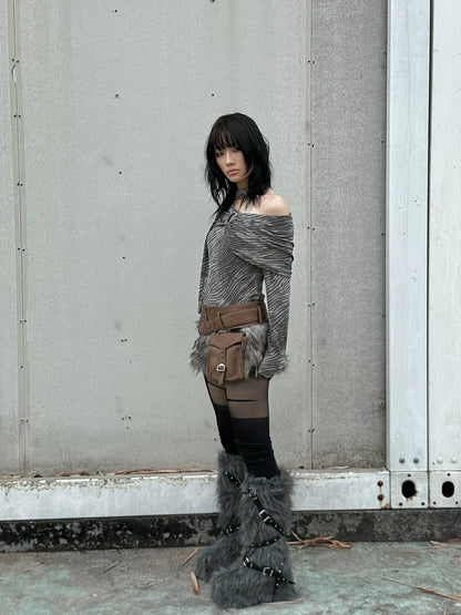 FULLTIDE 100% Cotton Cropped Scarf Collar Cool Long Sleeve Women Taupe Gray T-Shirt