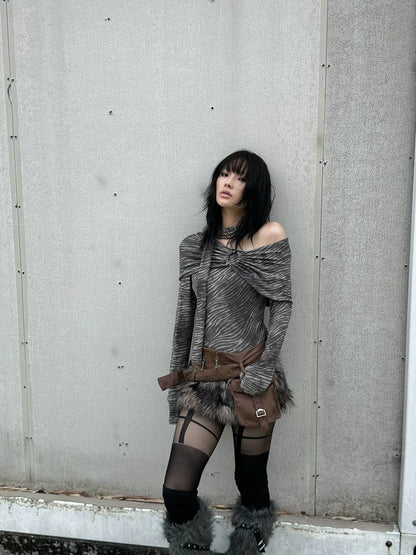 FULLTIDE 100% Cotton Cropped Scarf Collar Cool Long Sleeve Women Taupe Gray T-Shirt