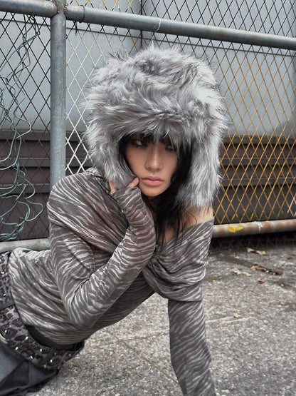 FULLTIDE 100% Cotton Cropped Scarf Collar Cool Long Sleeve Women Taupe Gray T-Shirt