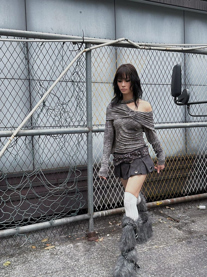 FULLTIDE 100% Cotton Cropped Scarf Collar Cool Long Sleeve Women Taupe Gray T-Shirt