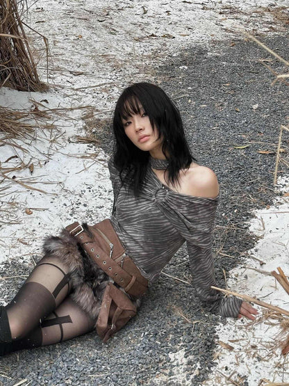 FULLTIDE 100% Cotton Cropped Scarf Collar Cool Long Sleeve Women Taupe Gray T-Shirt