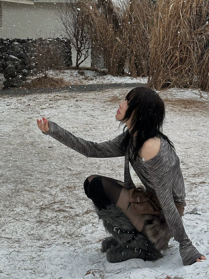 FULLTIDE 100% Cotton Cropped Scarf Collar Cool Long Sleeve Women Taupe Gray T-Shirt