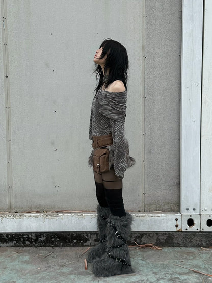 FULLTIDE 100% Cotton Cropped Scarf Collar Cool Long Sleeve Women Taupe Gray T-Shirt