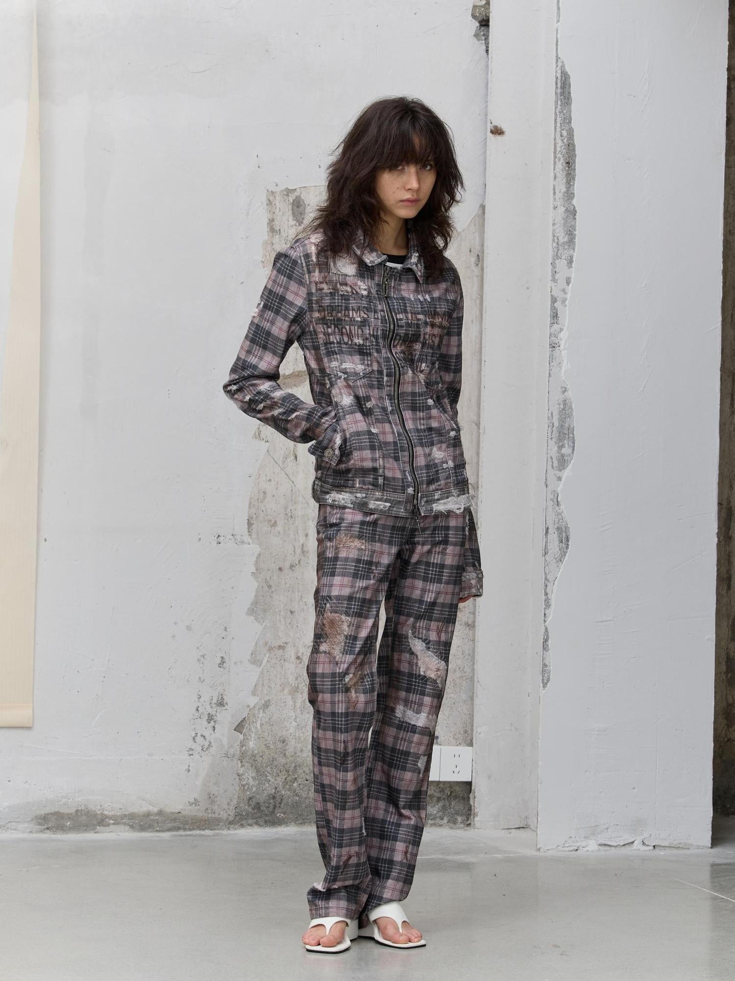 FULLTIDE 100% Cotton Lined Vintage Slim Fit Zipper Jacquard Plaid Unisex Denim Jacket