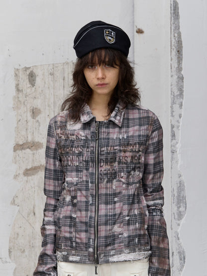 FULLTIDE 100% Cotton Lined Vintage Slim Fit Zipper Jacquard Plaid Unisex Denim Jacket