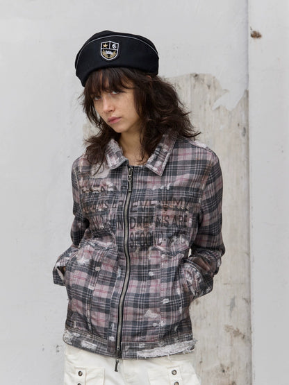 FULLTIDE 100% Cotton Lined Vintage Slim Fit Zipper Jacquard Plaid Unisex Denim Jacket