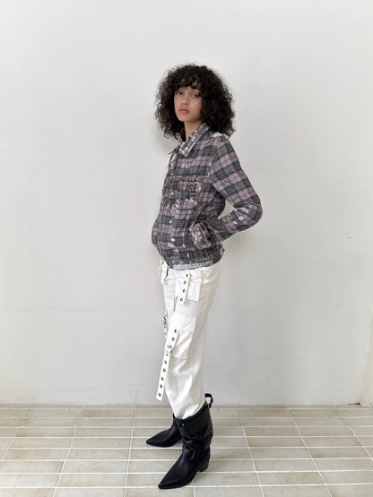 FULLTIDE 100% Cotton Lined Vintage Slim Fit Zipper Jacquard Plaid Unisex Denim Jacket