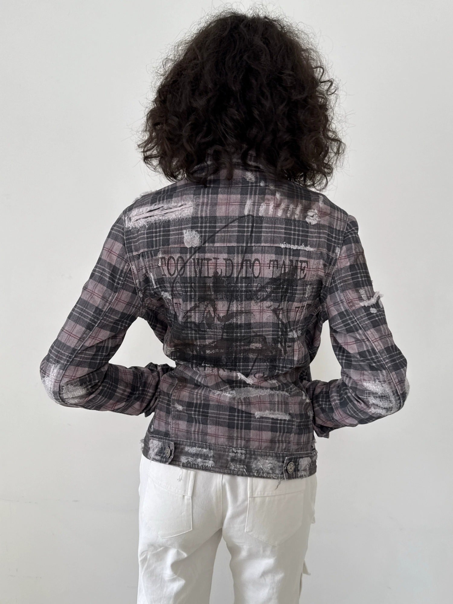 FULLTIDE 100% Cotton Lined Vintage Slim Fit Zipper Jacquard Plaid Unisex Denim Jacket