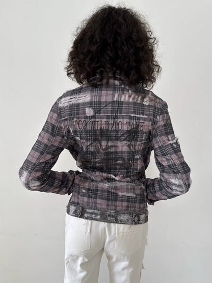 FULLTIDE 100% Cotton Lined Vintage Slim Fit Zipper Jacquard Plaid Unisex Denim Jacket