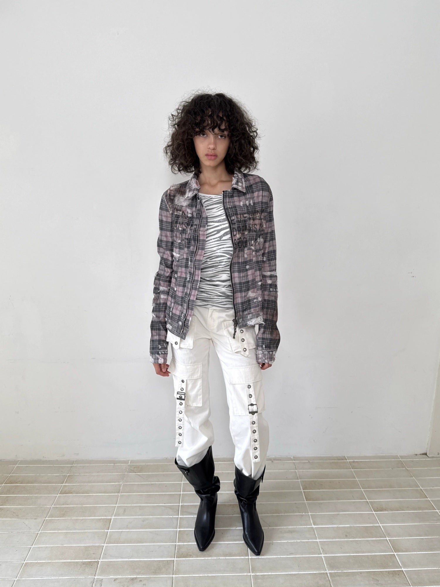 FULLTIDE 100% Cotton Lined Vintage Slim Fit Zipper Jacquard Plaid Unisex Denim Jacket