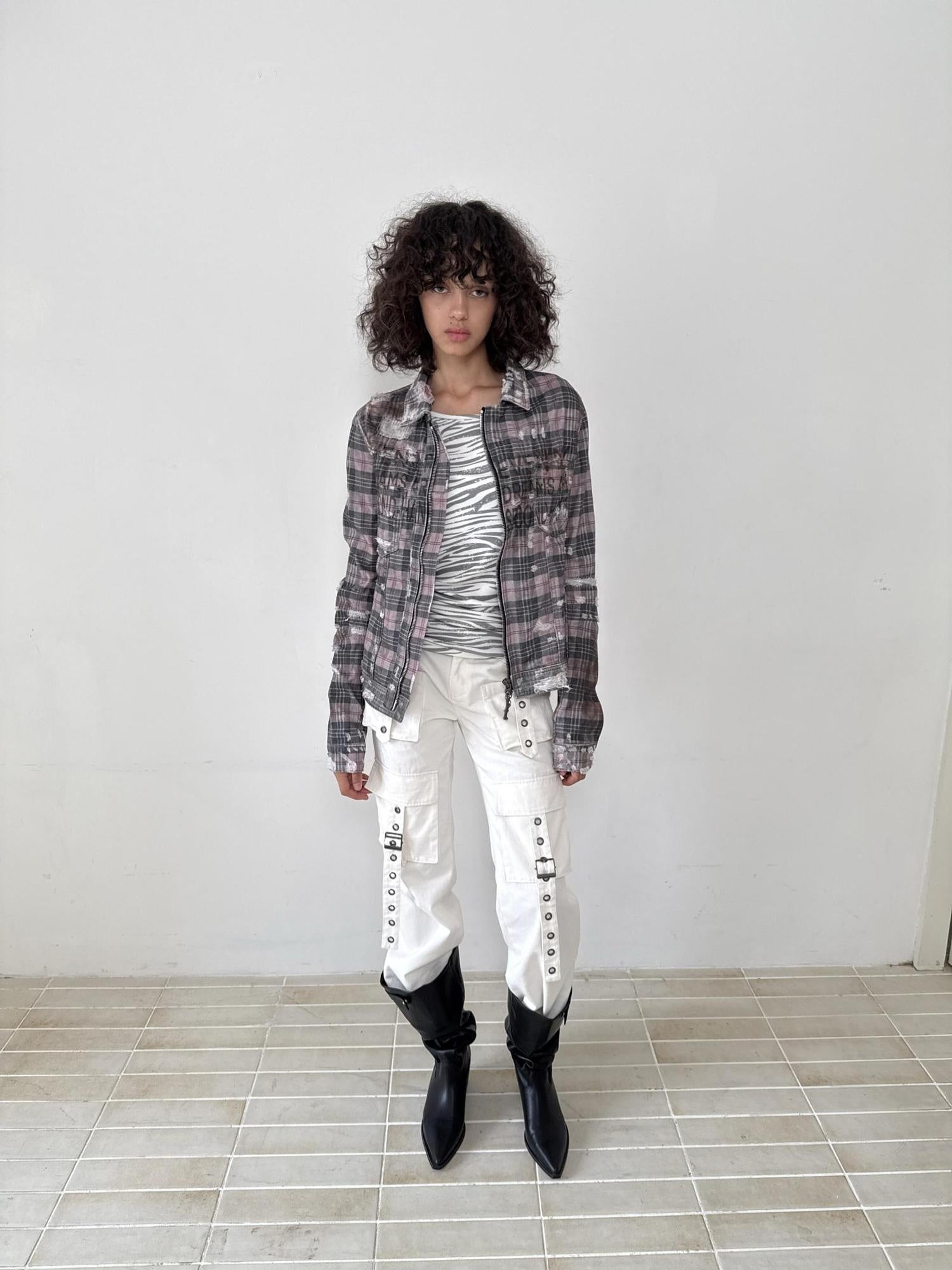 FULLTIDE 100% Cotton Lined Vintage Slim Fit Zipper Jacquard Plaid Unisex Denim Jacket