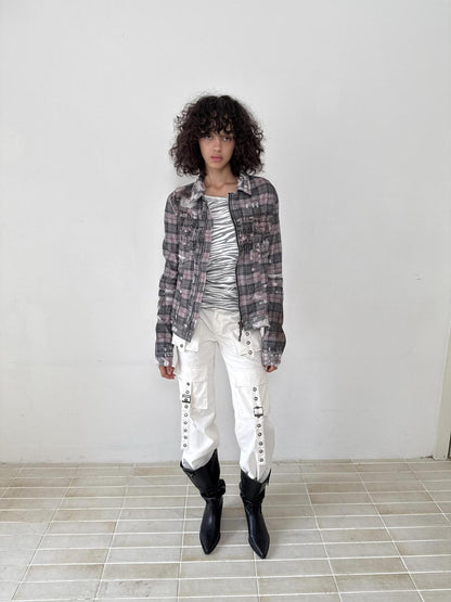 FULLTIDE 100% Cotton Lined Vintage Slim Fit Zipper Jacquard Plaid Unisex Denim Jacket