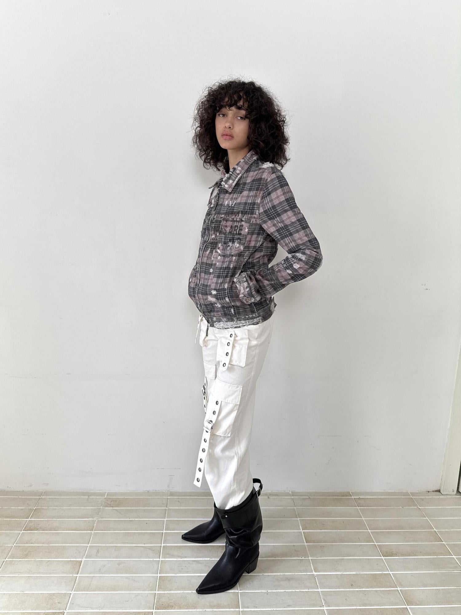 FULLTIDE 100% Cotton Lined Vintage Slim Fit Zipper Jacquard Plaid Unisex Denim Jacket