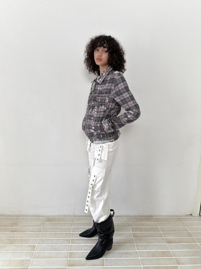 FULLTIDE 100% Cotton Lined Vintage Slim Fit Zipper Jacquard Plaid Unisex Denim Jacket