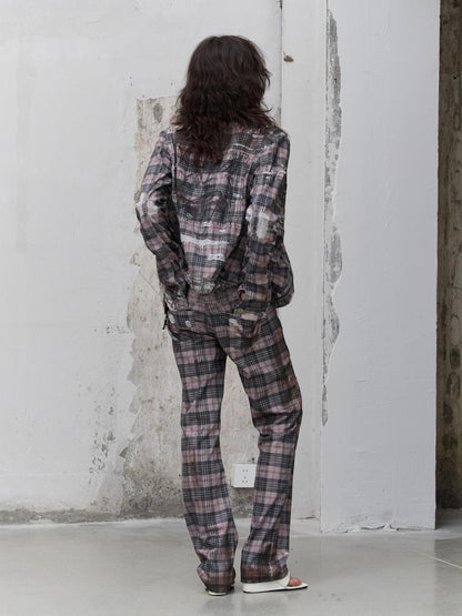 FULLTIDE 100% Cotton Lined Vintage Slim Fit Zipper Jacquard Plaid Unisex Denim Jacket