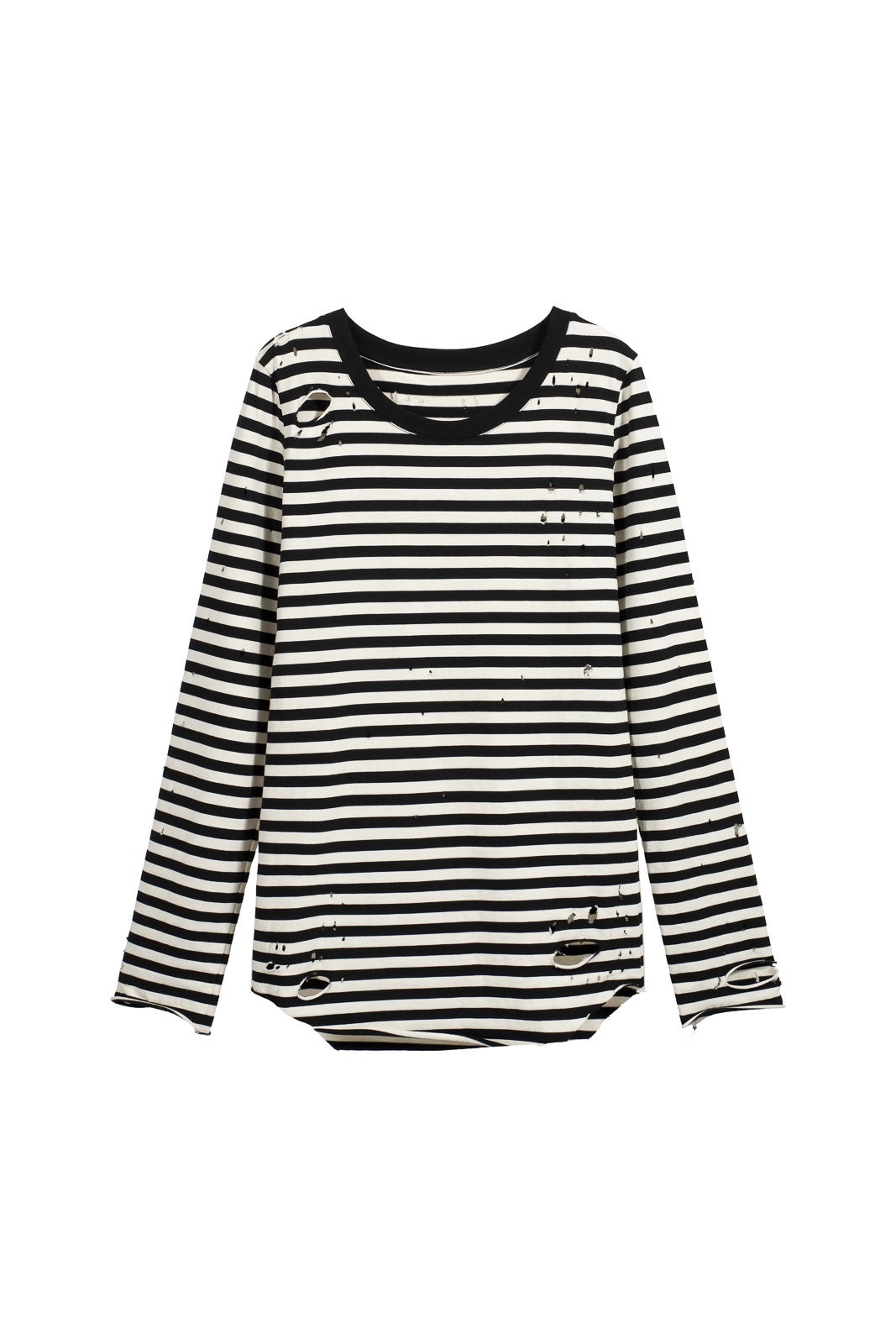 FULLTIDE_100%_Cotton_Long_Sleeve_Crewneck_Midlength_Women_Black_White_Stripe_T-Shirt_MISSTT