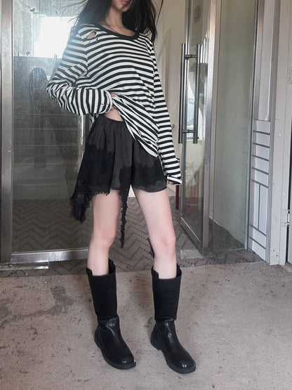 FULLTIDE 100% Cotton Long Sleeve Crewneck Midlength Women Black White Stripe T-Shirt