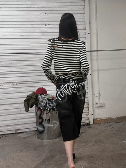 FULLTIDE 100% Cotton Long Sleeve Crewneck Midlength Women Black White Stripe T-Shirt