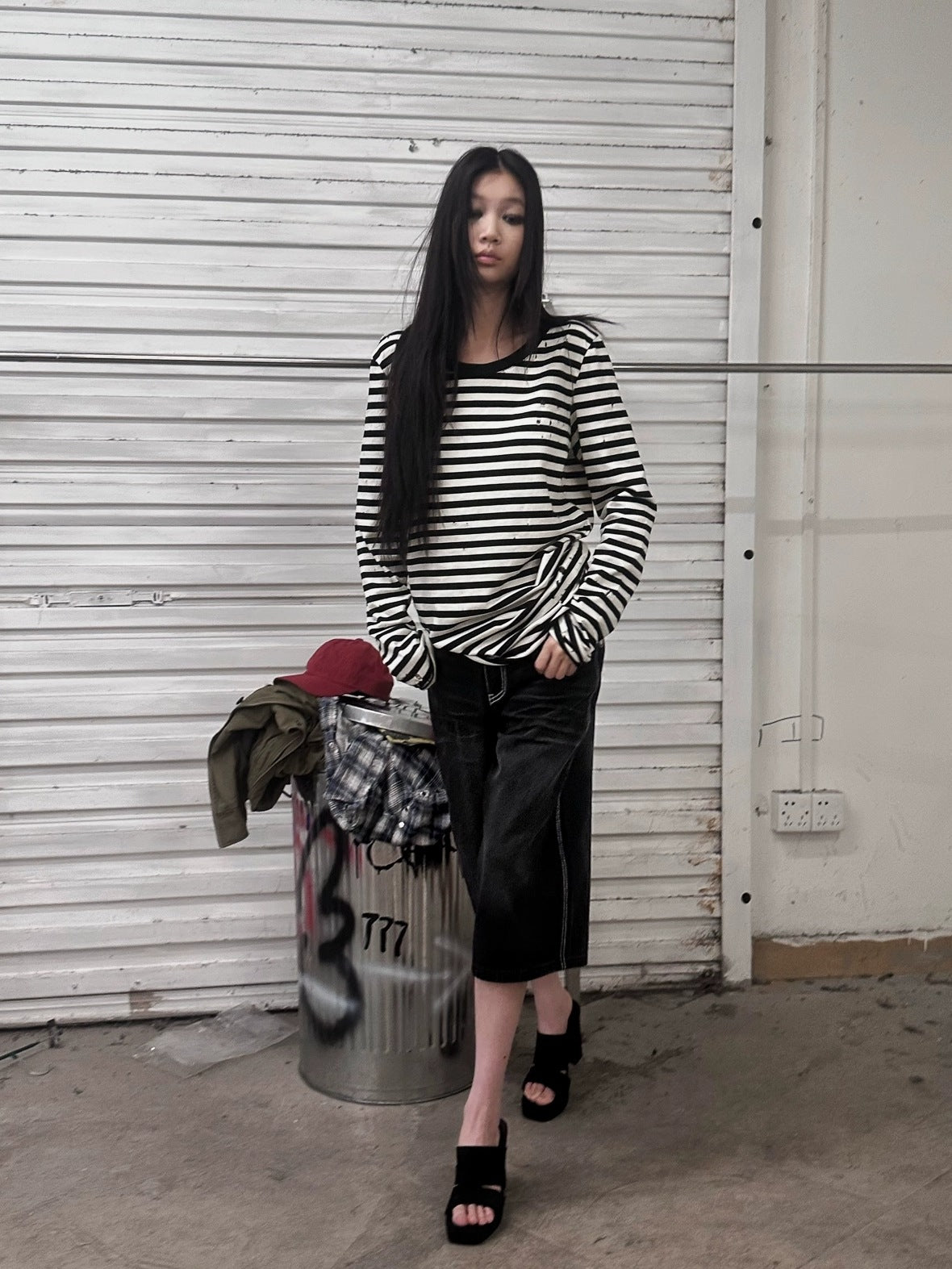 FULLTIDE 100% Cotton Long Sleeve Crewneck Midlength Women Black White Stripe T-Shirt